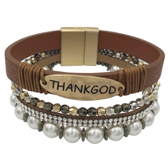 Thank God 4 Row Brown Vegan Leather & Beaded Magnetic Clap Layered Bracelet - Picture 1 of 3